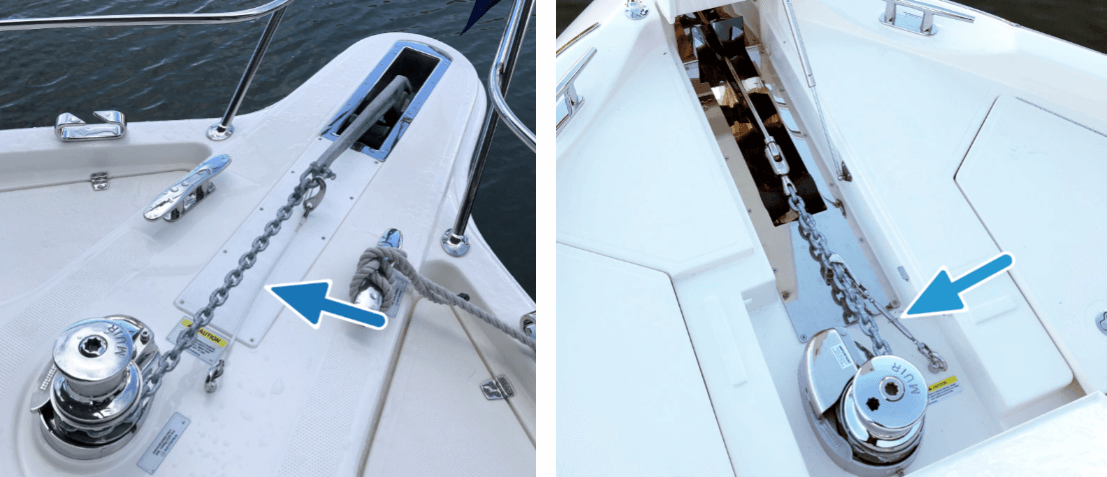With the anchor safely on board, it must be secured either by a lanyard and snap hook (left) or a devil’s claw (right)