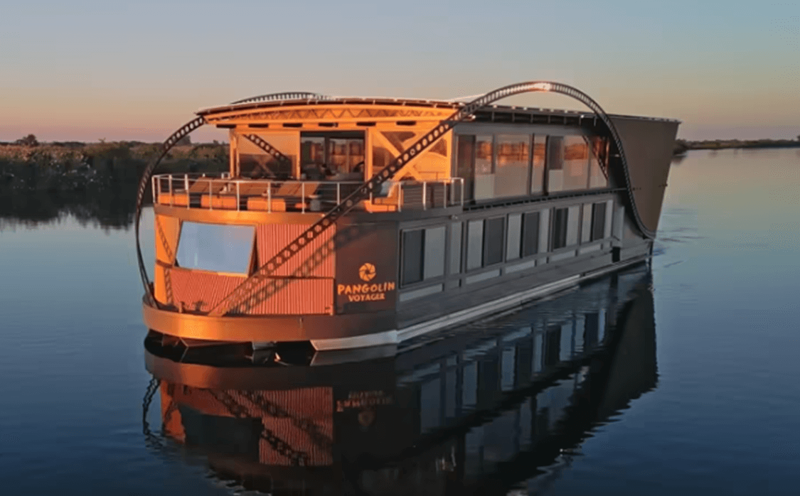 The 104’ Pangolin Voyager “mothership” plies the Chobe River