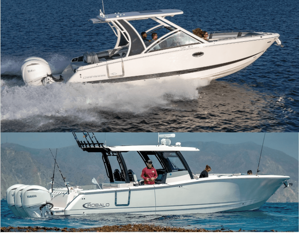 Chaparral’s 310 OSX bowrider is at the top, and Robalo’s 360 center console is at the bottom