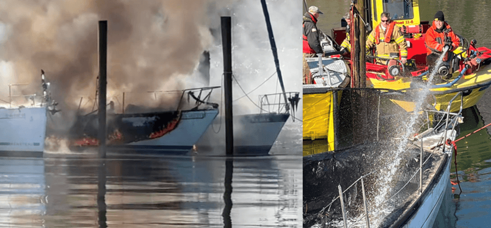 Crew putting out a boat fire