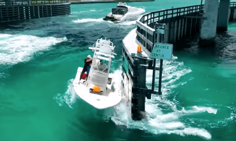 A boat crashing into a bridge