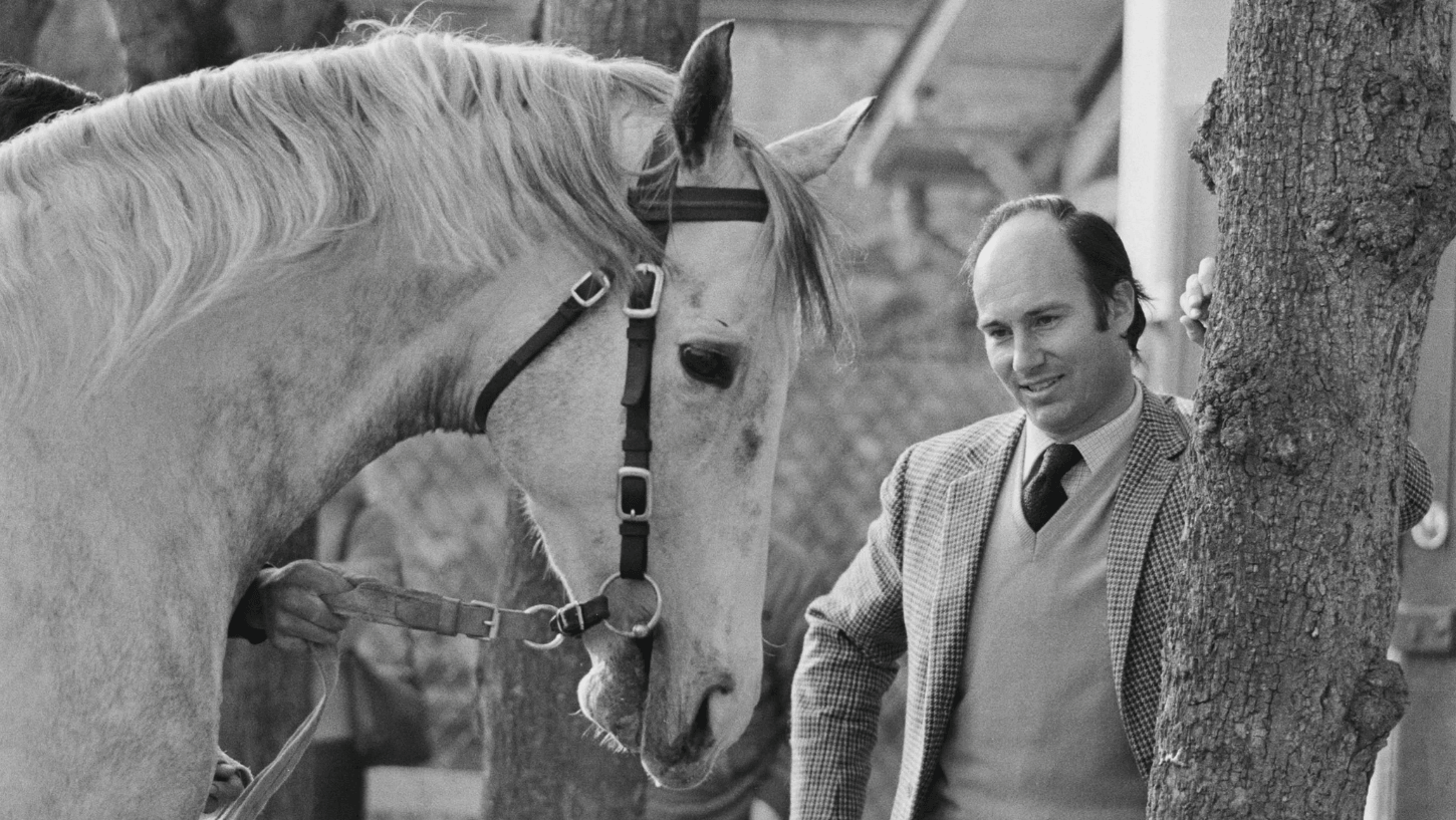 man looking at a horse