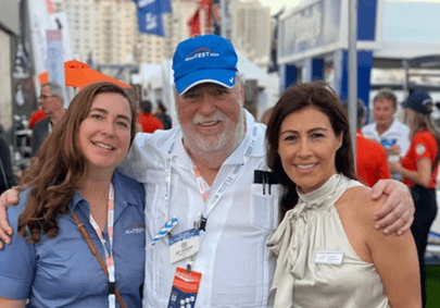 BoatTEST co-founder Jeff Hammond with his daughters Alex (l) and Justine at the Cannes Boat Show.