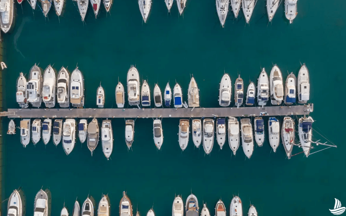 aerial view of boats in a marina