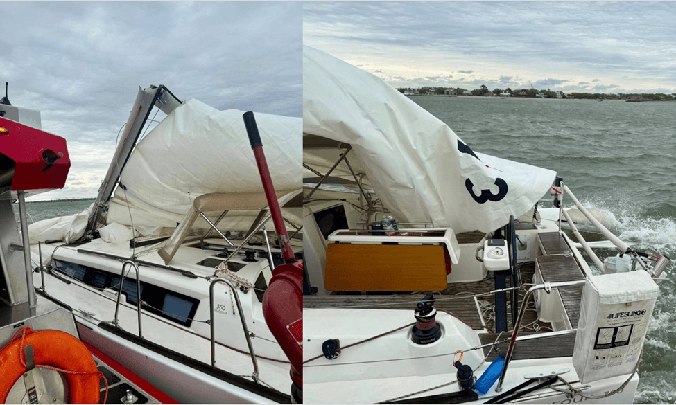 A sailboat with a broken mast.