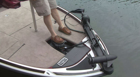(11.6-sq. m) bow casting deck that has a trolling motor and a forward elect...