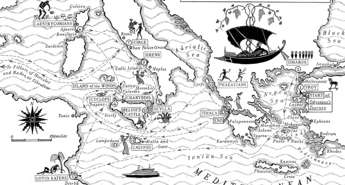 Black & White map of yachting journey from Troy to Ithaca