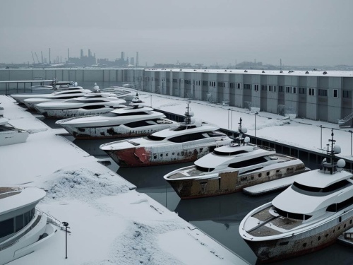 uxury yachts docked at a deserted Russian marina in winter