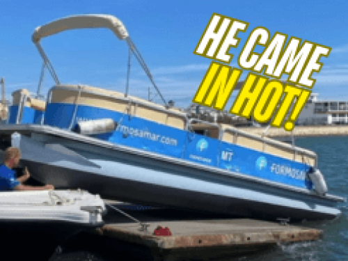 He Came in Hot! Pontoon boat goes up on dock