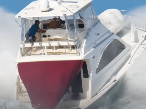 Boat crashing through waves at Haulover