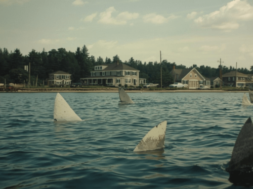 Coastal town with sharks in the water