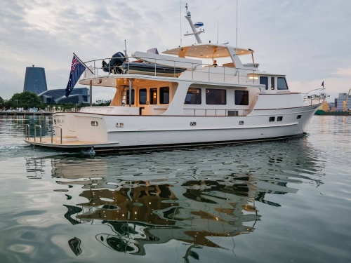 Fleming 85 side view, on the water