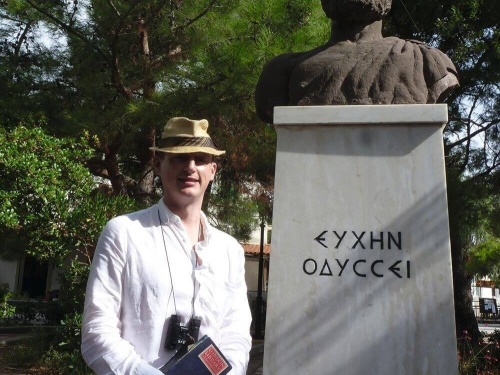 Harry Mount at the bust of Odysseus on Ithaca