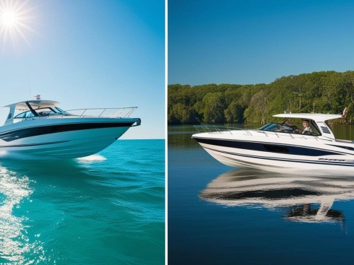 Two medium-sized powerboats one in the ocean and one in a lake