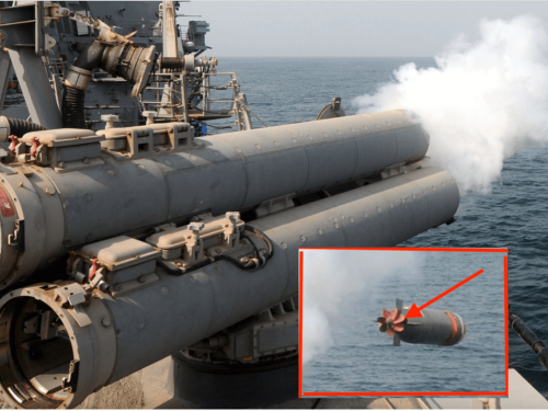 USS Ross DDG-71 is launching a standard Mark 32 surface vessel torpedo with 7-blades
