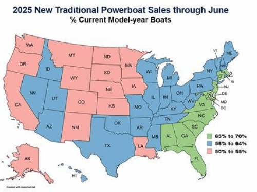 2025 New Traditional Powerboat Sales through June - US map