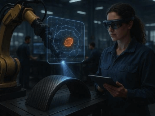 Zetamotion’s vision for the factory of 2035. Engineers wearing augmented reality glasses study a live holographic defect map cast on the component by a self-learning ‘semantic’ scanner.