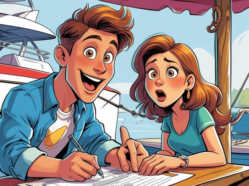 Cartoon image of a couple buying a boat on a whim