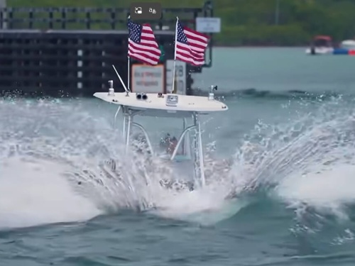 boat bow under water crashing through wave