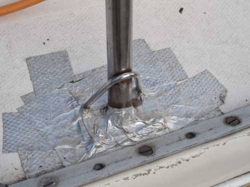 leaking deck stanchion, taped up deck stanchion