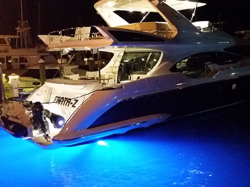 Azimut yacht with underwater lights, underwater lights at night
