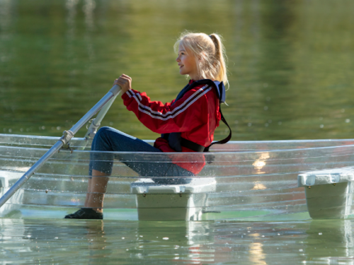 dinghy, tender, clear plastic dinghy, girl in a dinghy