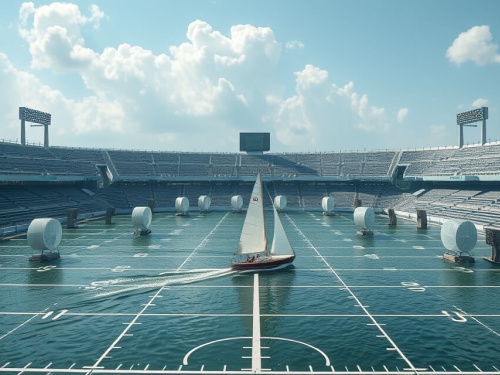 Field with water and boat sailing by fan power