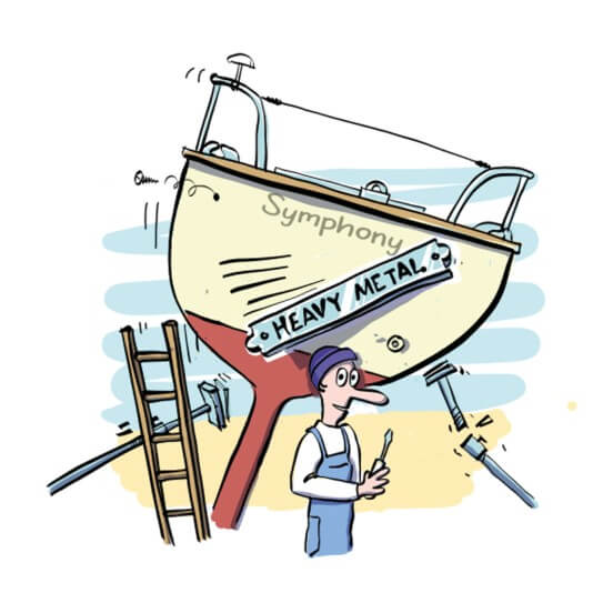 Man working on his boat named Heavy Metal