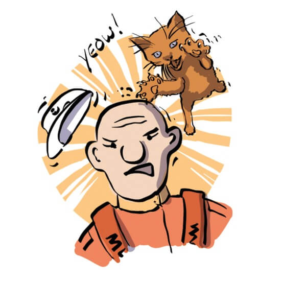 Cartoon image of a cat jumping to scratch a mans head
