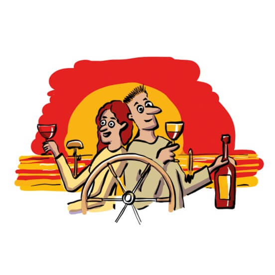 Cartoon image of a couple boating with a red sky