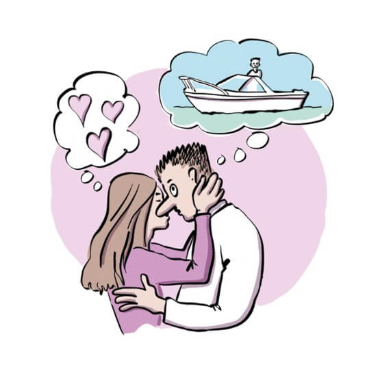 Cartoon image of a couple - man thinking of boat, woman thinking of love