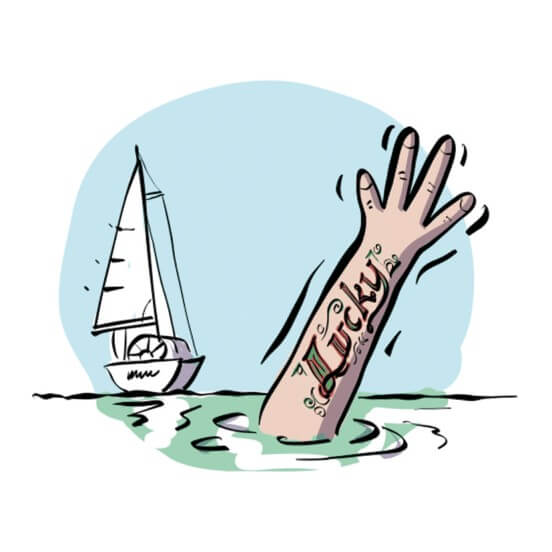 Cartoon image of an arm with Lucky tattoo