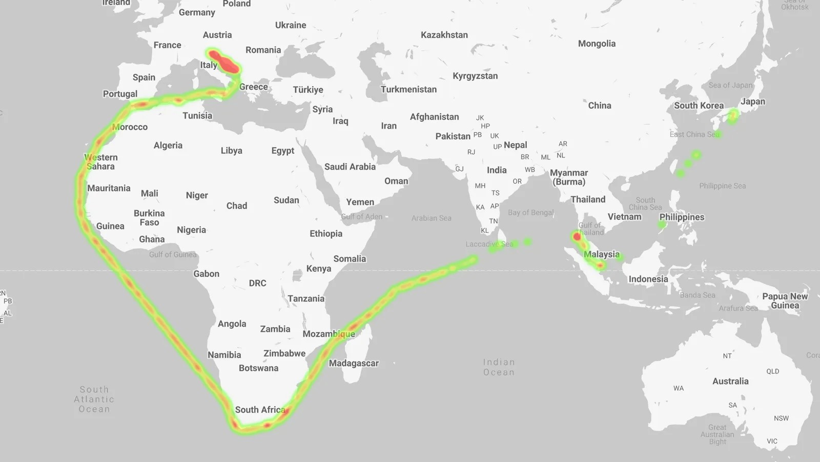 Superyacht Paraffin traveled map