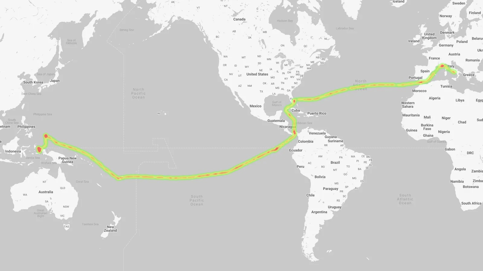 Superyacht Satori traveled map
